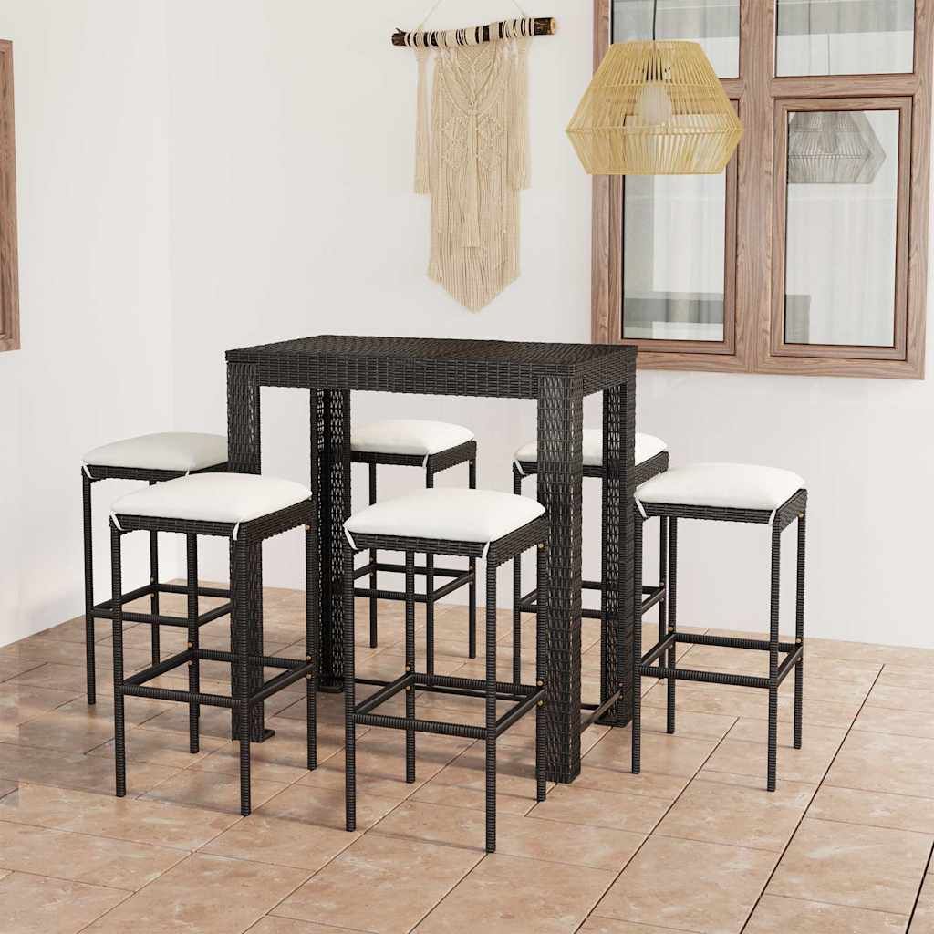 Set Bar da Giardino 7 pz con Cuscini in Polyrattan Nero vidaXL