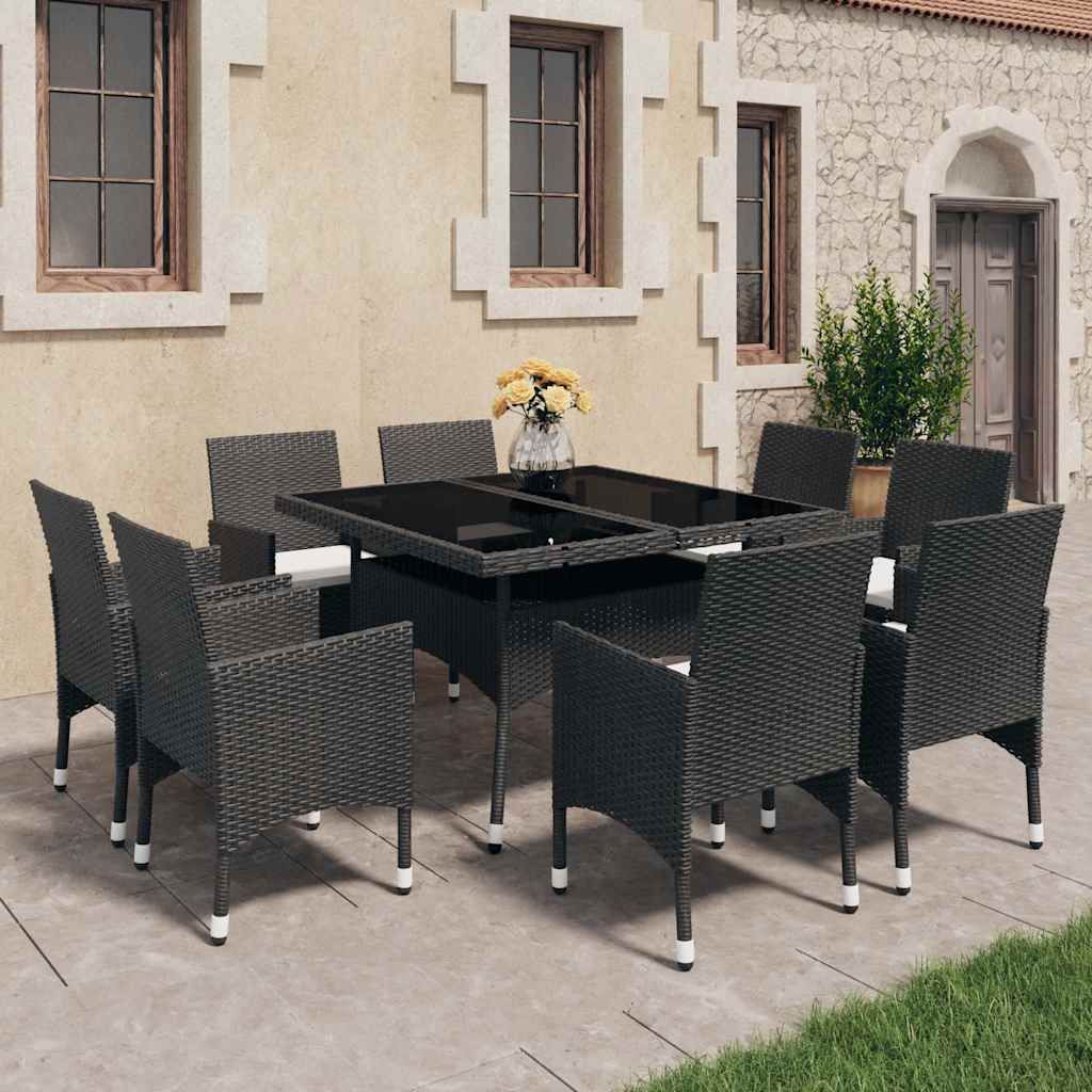 Set Mobili da Pranzo per Giardino 9 pz Polyrattan e Vetro Nero vidaXL