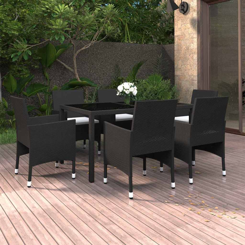 Set da Pranzo Giardino 7 pz Polyrattan e Vetro Temperato Nero vidaXL