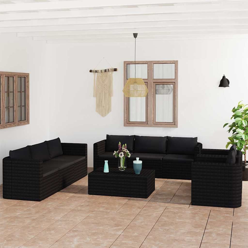 Set Divani da Giardino 10 pz con Cuscini in Polyrattan Nero vidaXL