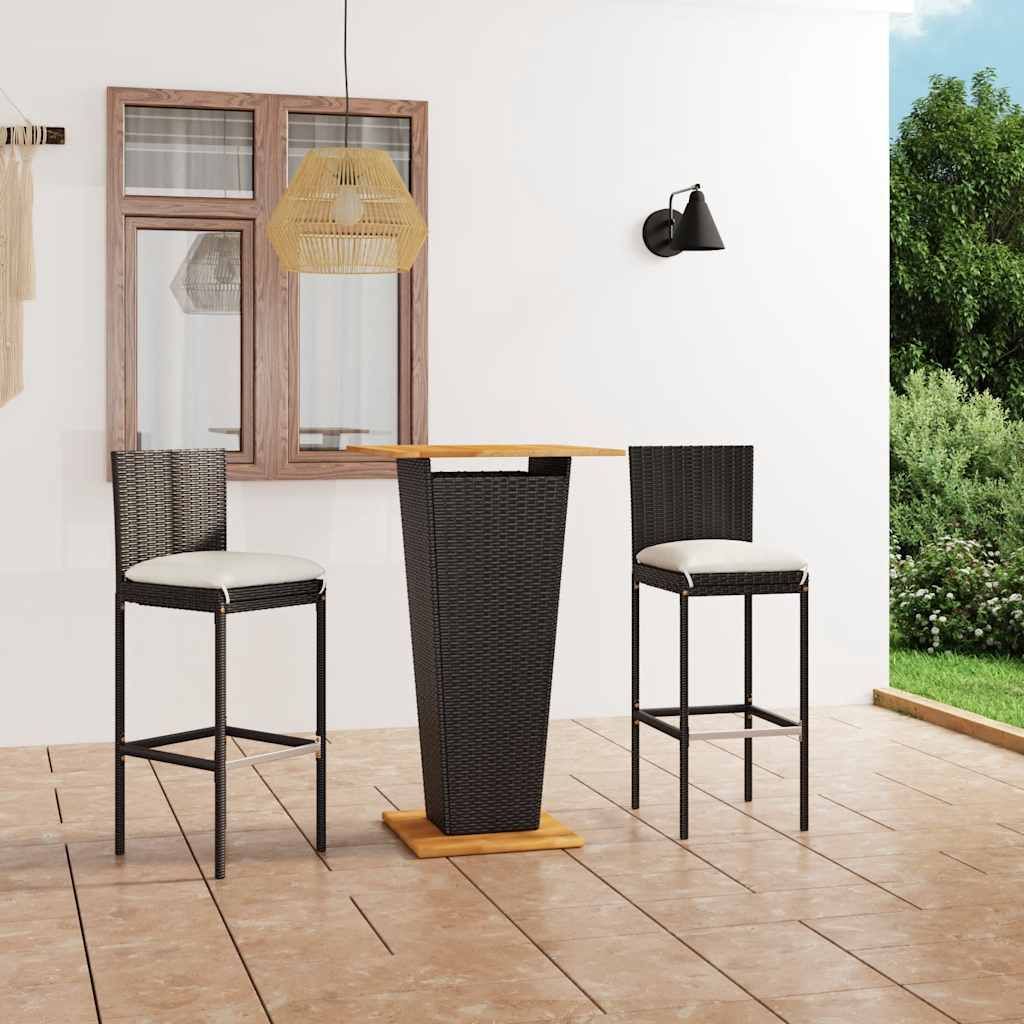 Set Bar da Giardino 3 pz con Cuscini in Polyrattan Nero vidaXL