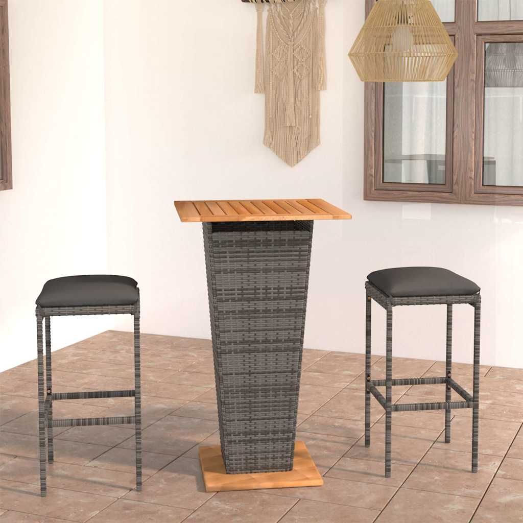 Set Bar da Giardino 3 pz con Cuscini in Polyrattan Grigio vidaXL