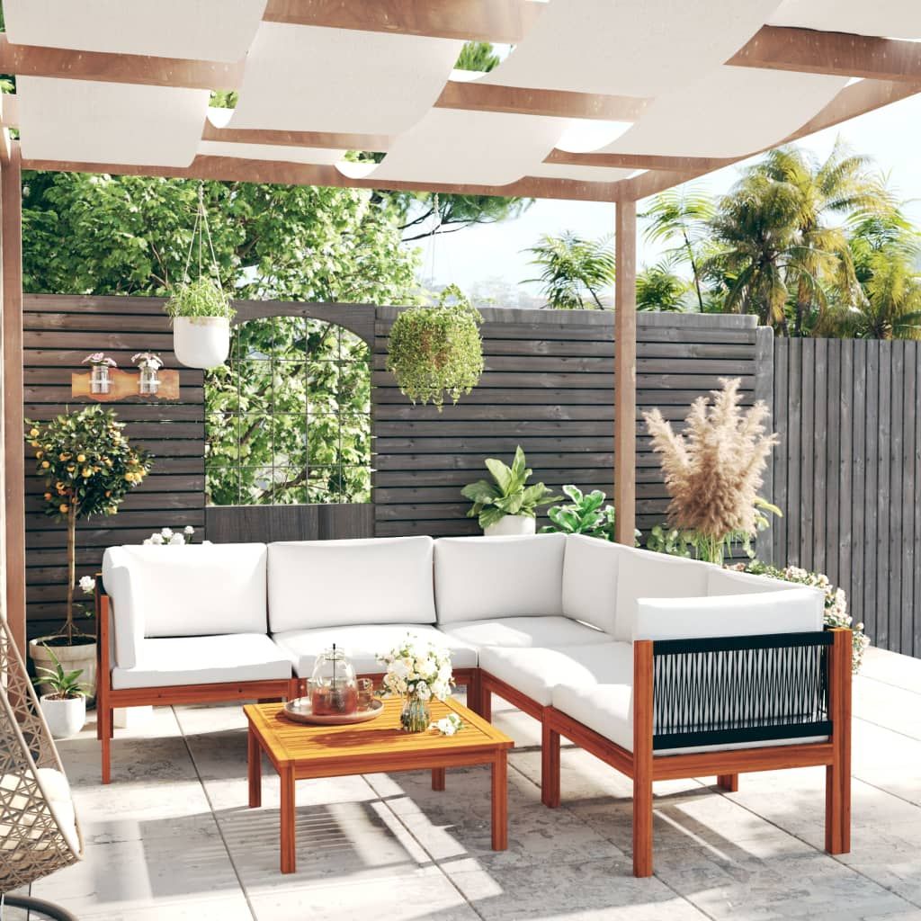Set da giardino 6 pezzi con cuscini in legno crema, acacia e corda vidaXL