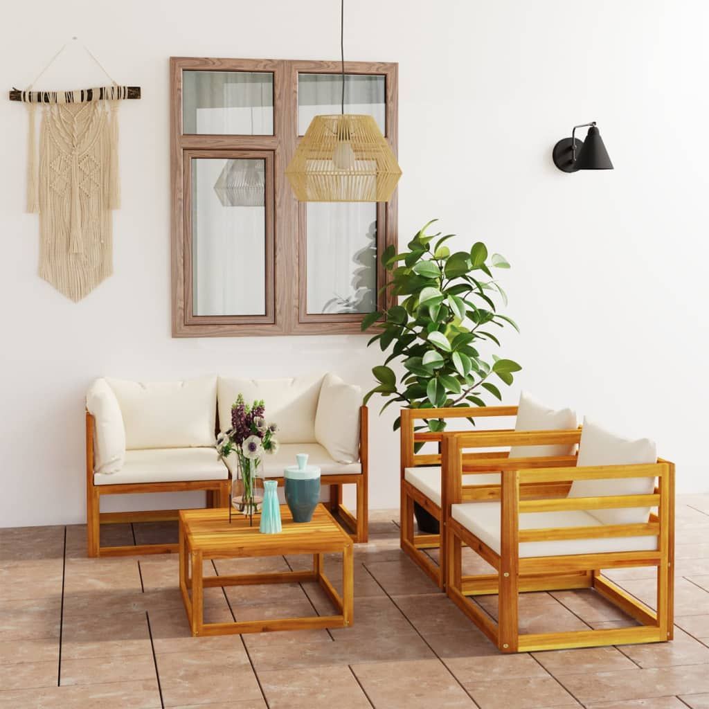 Set Divani da Giardino 5 pz con Cuscini Crema Massello Acacia vidaXL