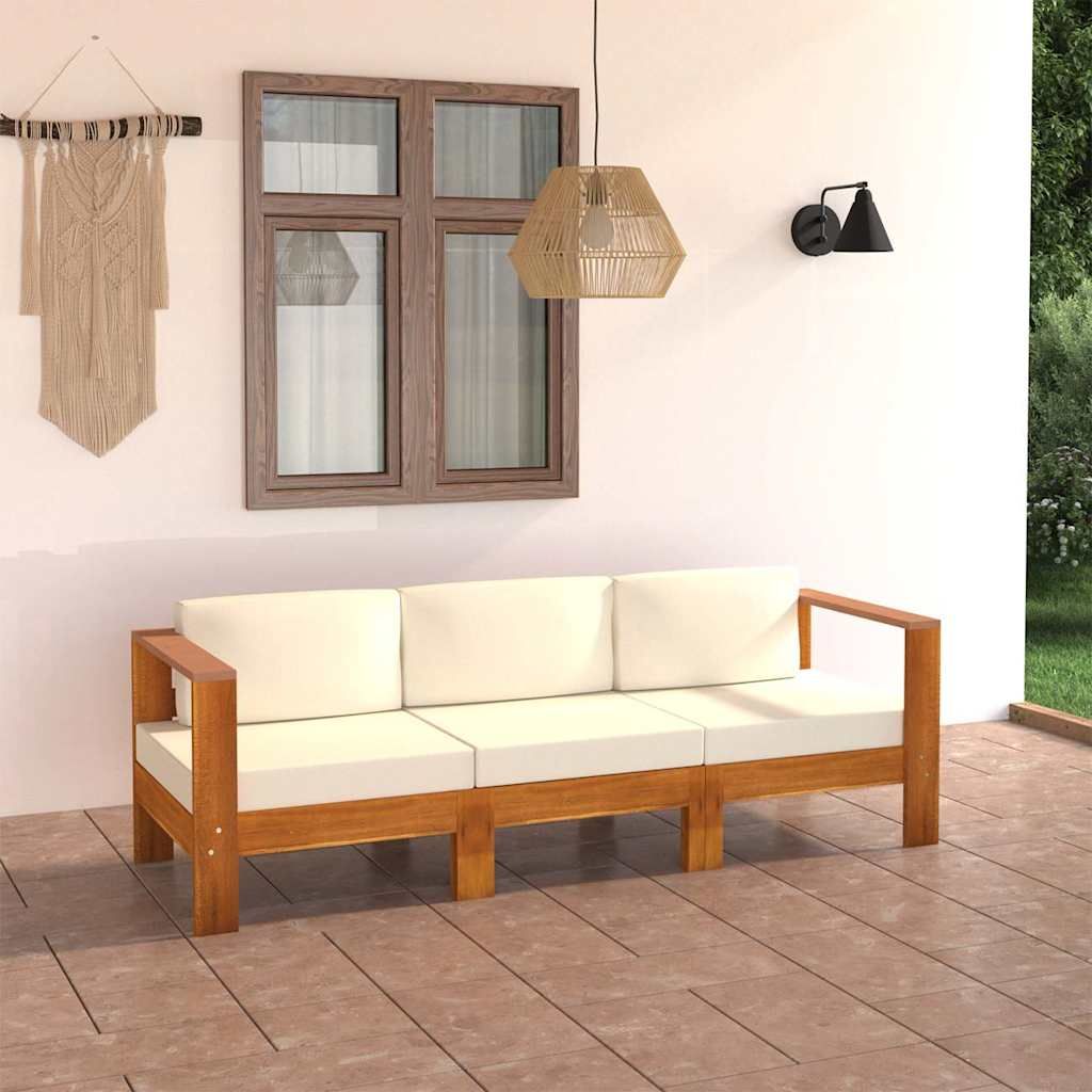 Divano da Giardino 3 Posti Cuscini Bianco Crema Massello Acacia vidaXL