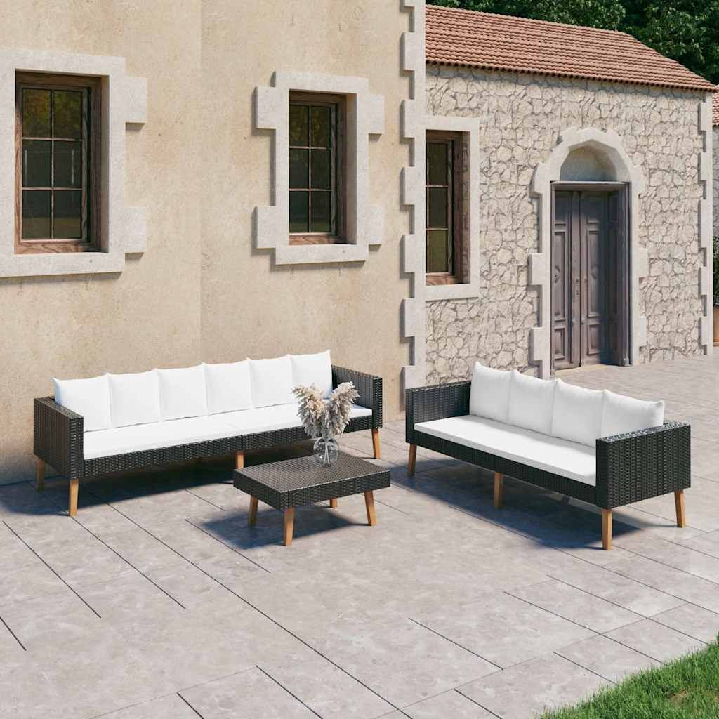 Set Divani da Giardino 3 pz con Cuscini in Polyrattan Nero vidaXL