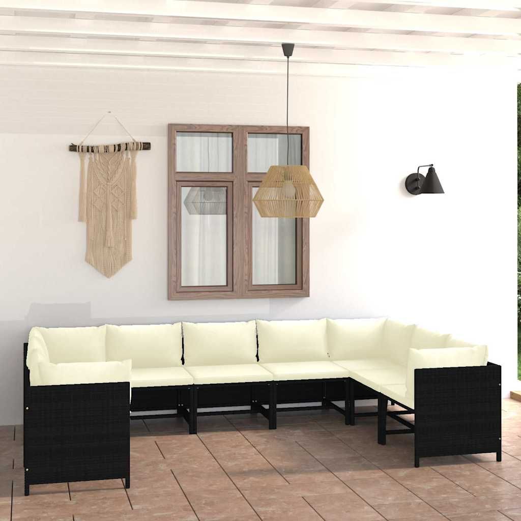 Set Divani da Giardino 9 pz con Cuscini in Polyrattan Nero vidaXL