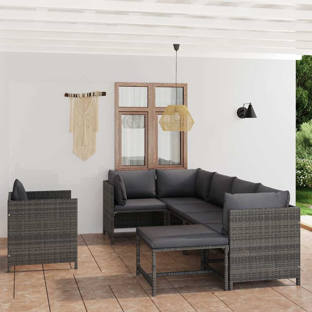 Set Divani da Giardino 7 pz con Cuscini in Polyrattan Grigio vidaXL