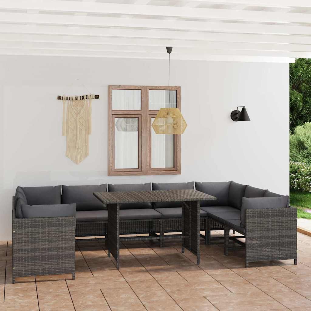 Set Divani da Giardino 10 pz con Cuscini in Polyrattan Grigio vidaXL