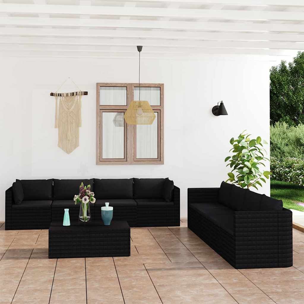 Set Divani da Giardino 9 pz con Cuscini in Polyrattan Nero vidaXL