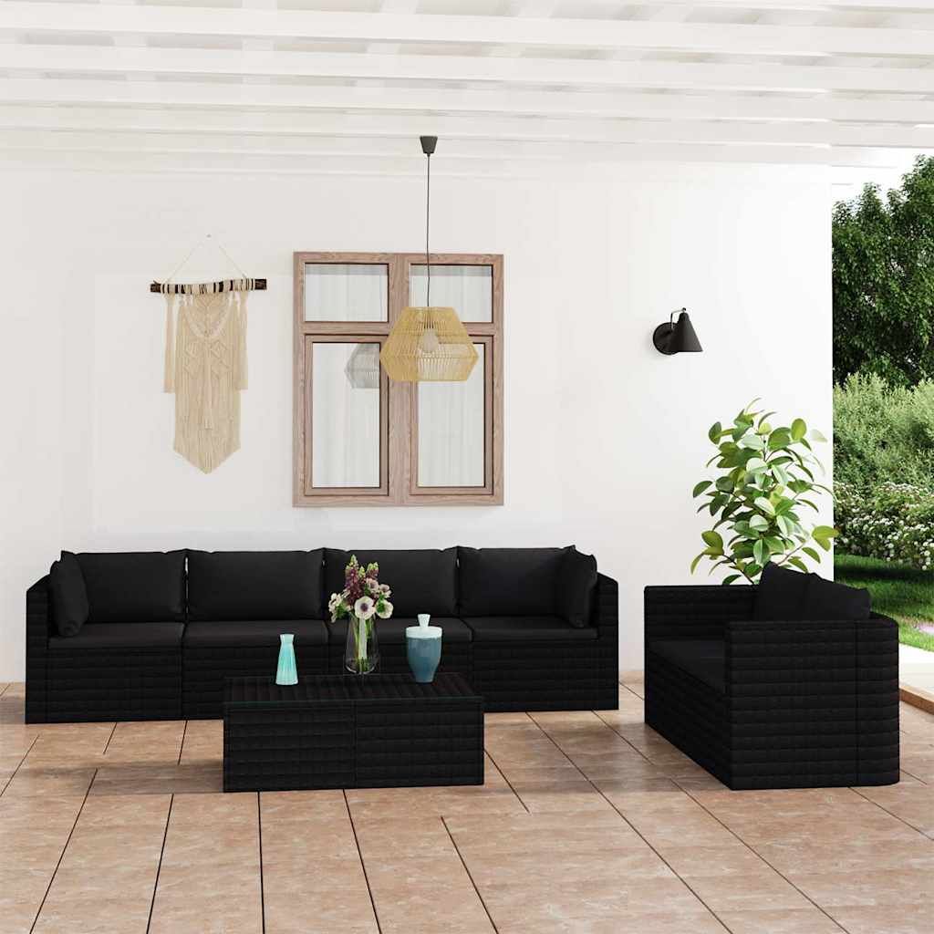 Set Divani da Giardino 7 pz con Cuscini in Polyrattan Nero vidaXL