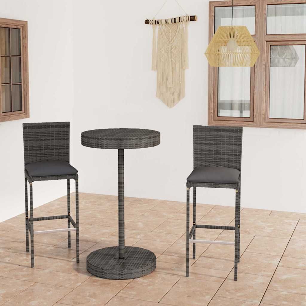 Set Bar da Giardino 3 pz con Cuscini in Polyrattan Grigio vidaXL