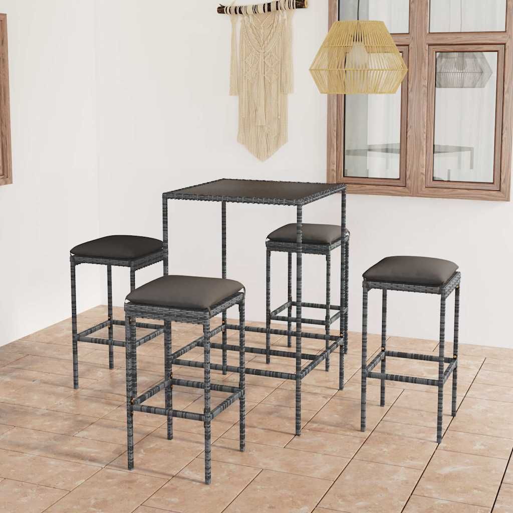 Set da Bar da Giardino 5 pz con Cuscini in Polyrattan Grigio vidaXL