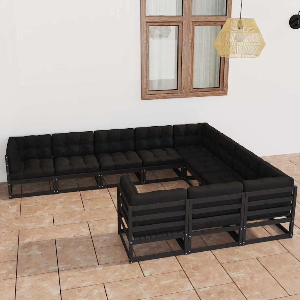Set Divani da Giardino 10 pz con Cuscini Massello di Pino Nero vidaXL