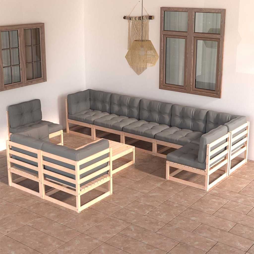 Set Salotto Giardino 10pz Cuscini Antracite Legno Massello Pino vidaXL