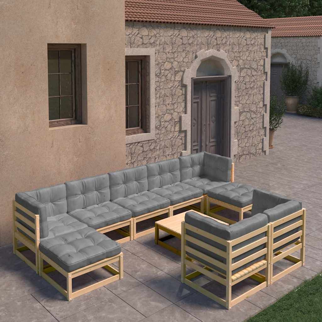 Set Salotto Giardino 10pz Cuscini Antracite Legno Massello Pino vidaXL