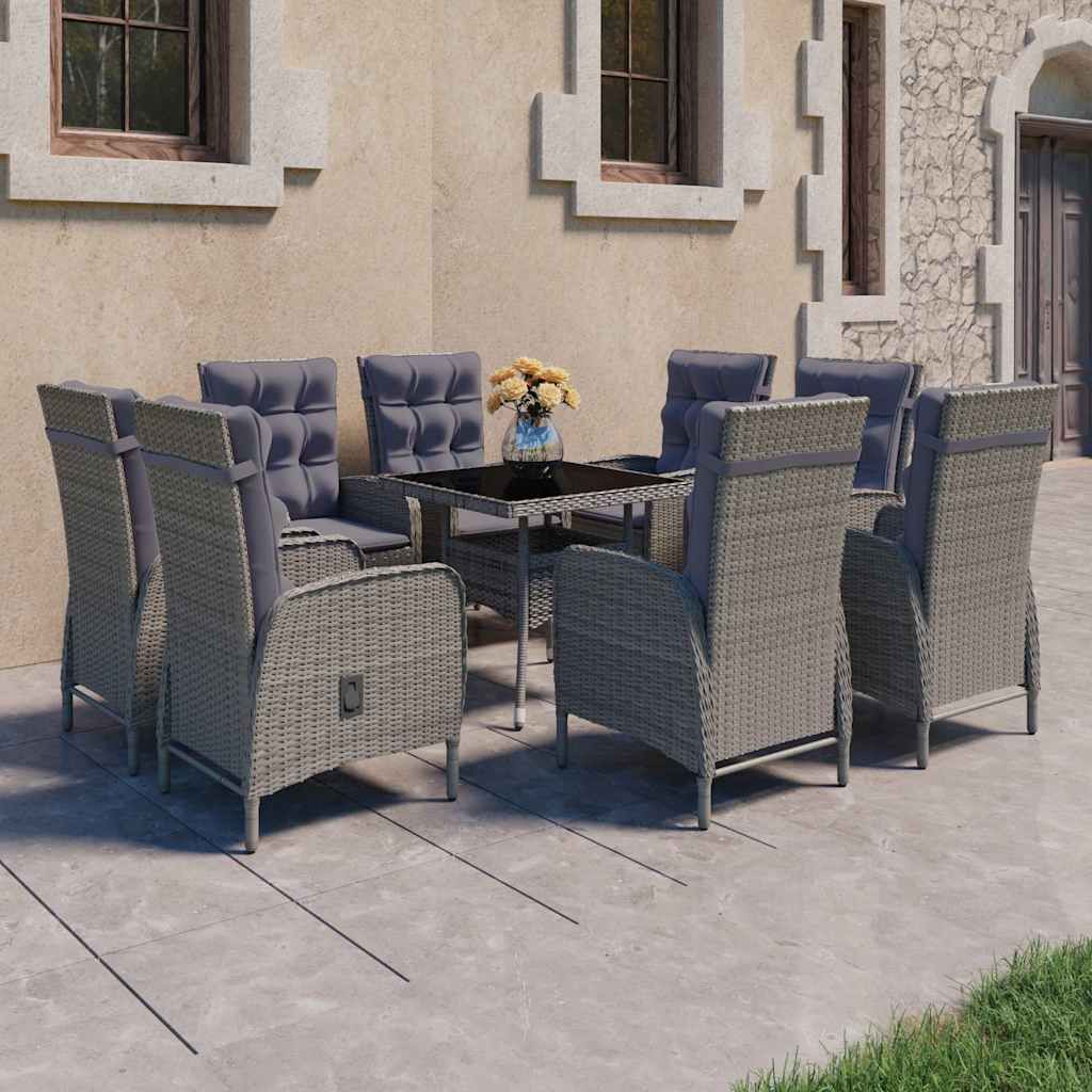Set da Pranzo per Giardino 9 pz in Polyrattan e Vetro Grigio vidaXL