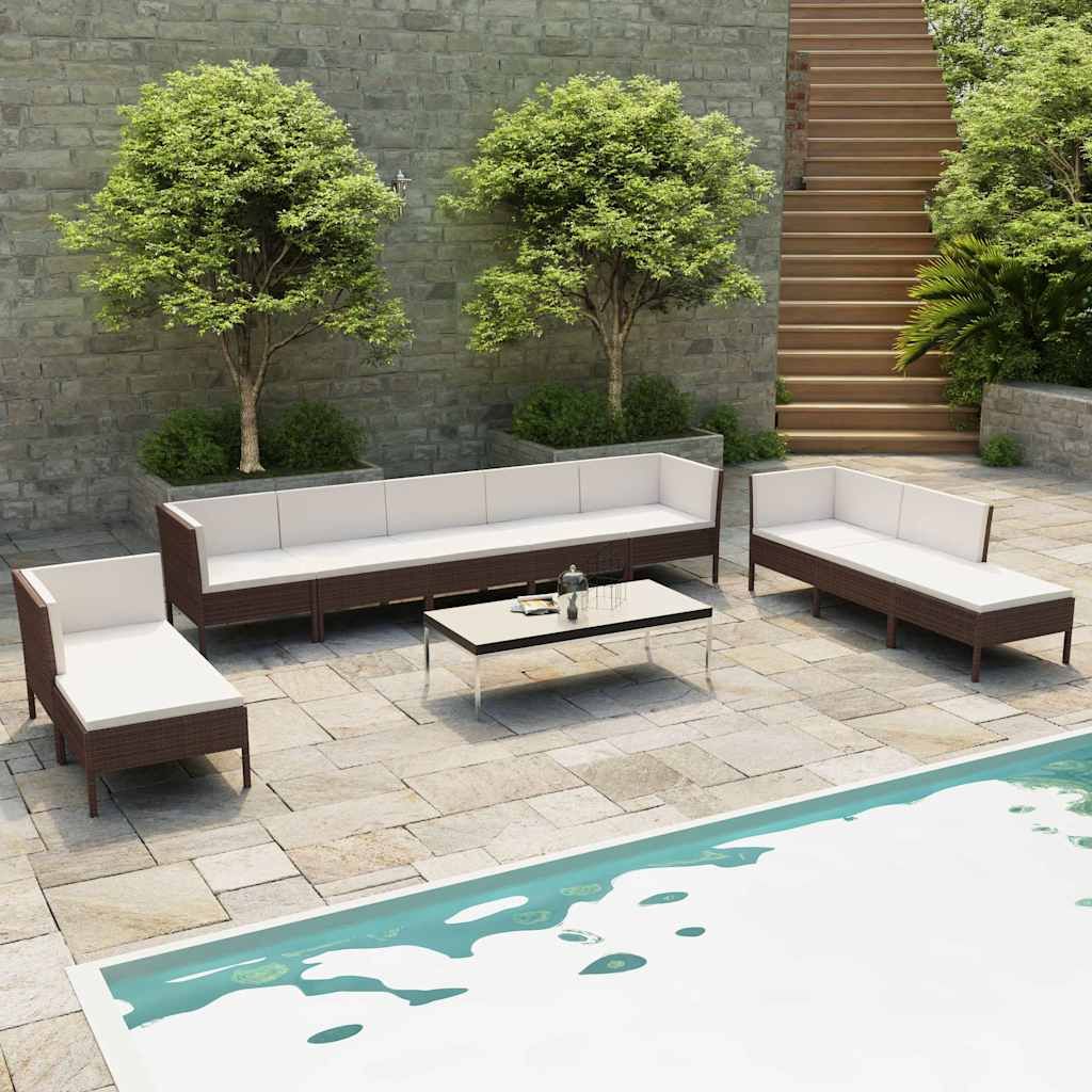 Set Divani da Giardino 10 pz con Cuscini in Polyrattan Marrone vidaXL