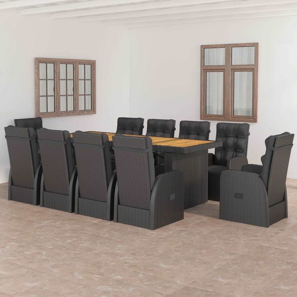 Set da Pranzo da Giardino 11 pz con Cuscini in Polyrattan Nero vidaXL