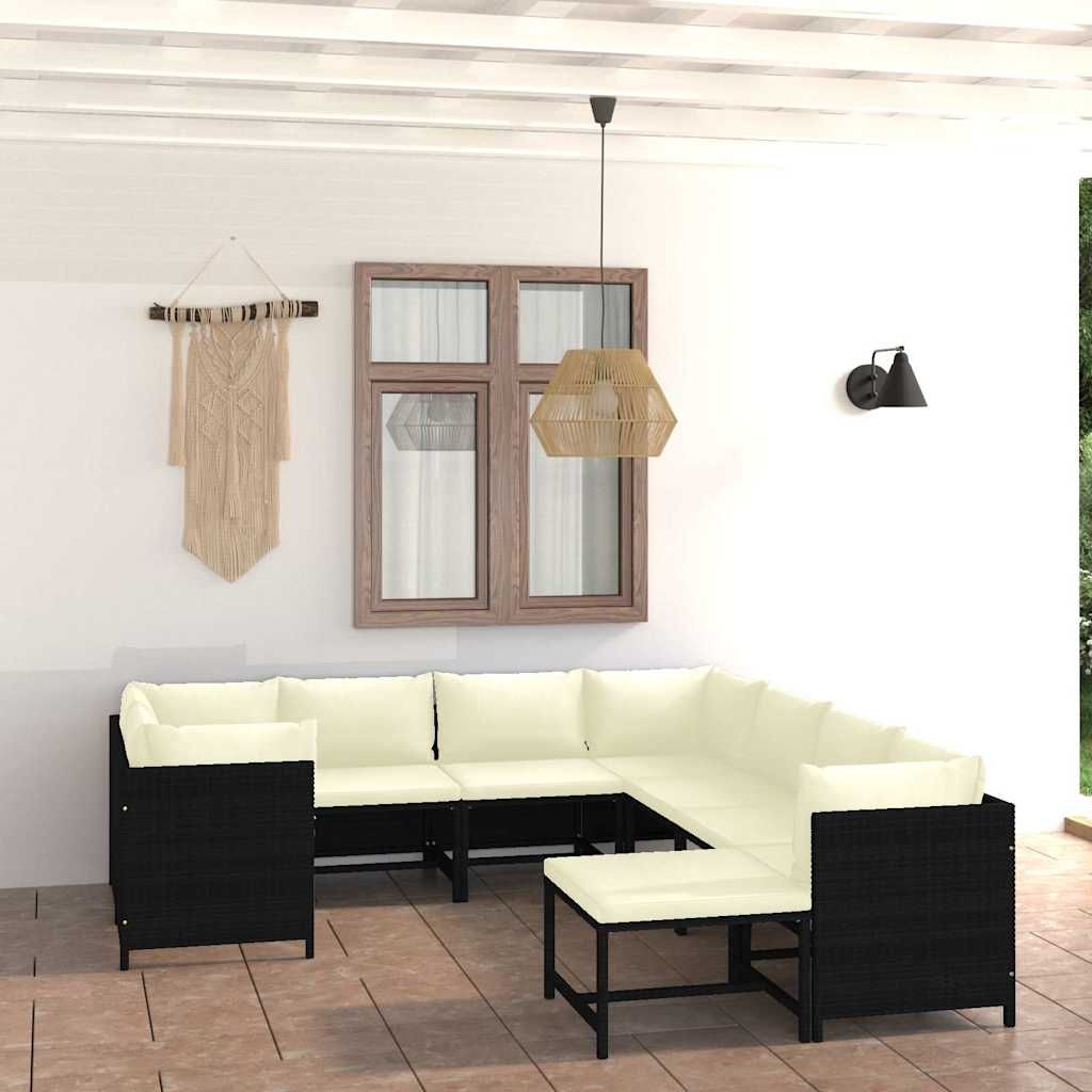 Set Divani da Giardino 9 pz con Cuscini in Polyrattan Nero vidaXL