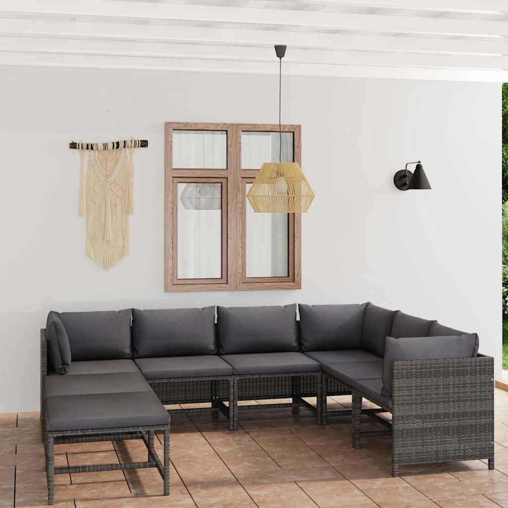 Set Divani da Giardino 8 pz con Cuscini in Polyrattan Grigio vidaXL