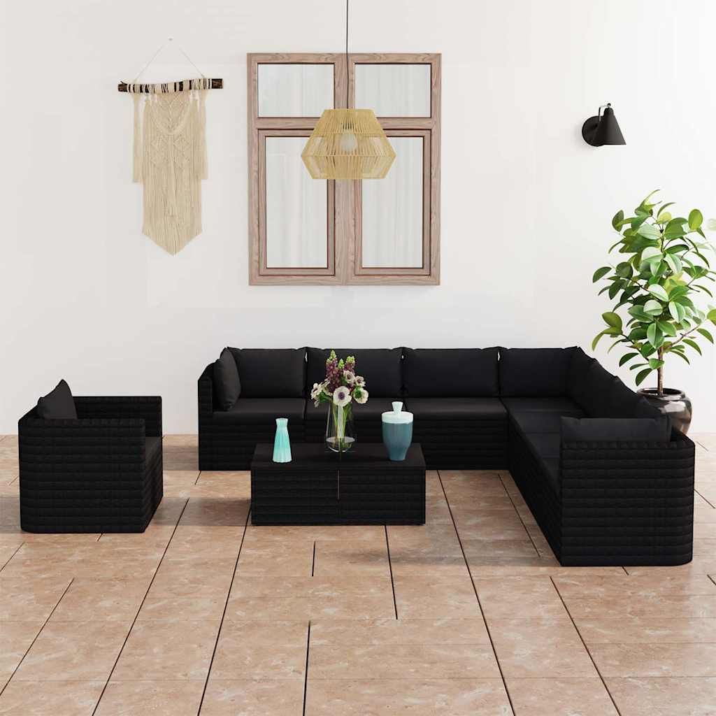 Set Divani da Giardino 10 pz con Cuscini in Polyrattan Nero vidaXL