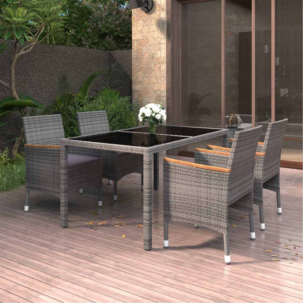 Set da Pranzo Giardino 5 pz Polyrattan e Vetro Temperato Grigio vidaXL