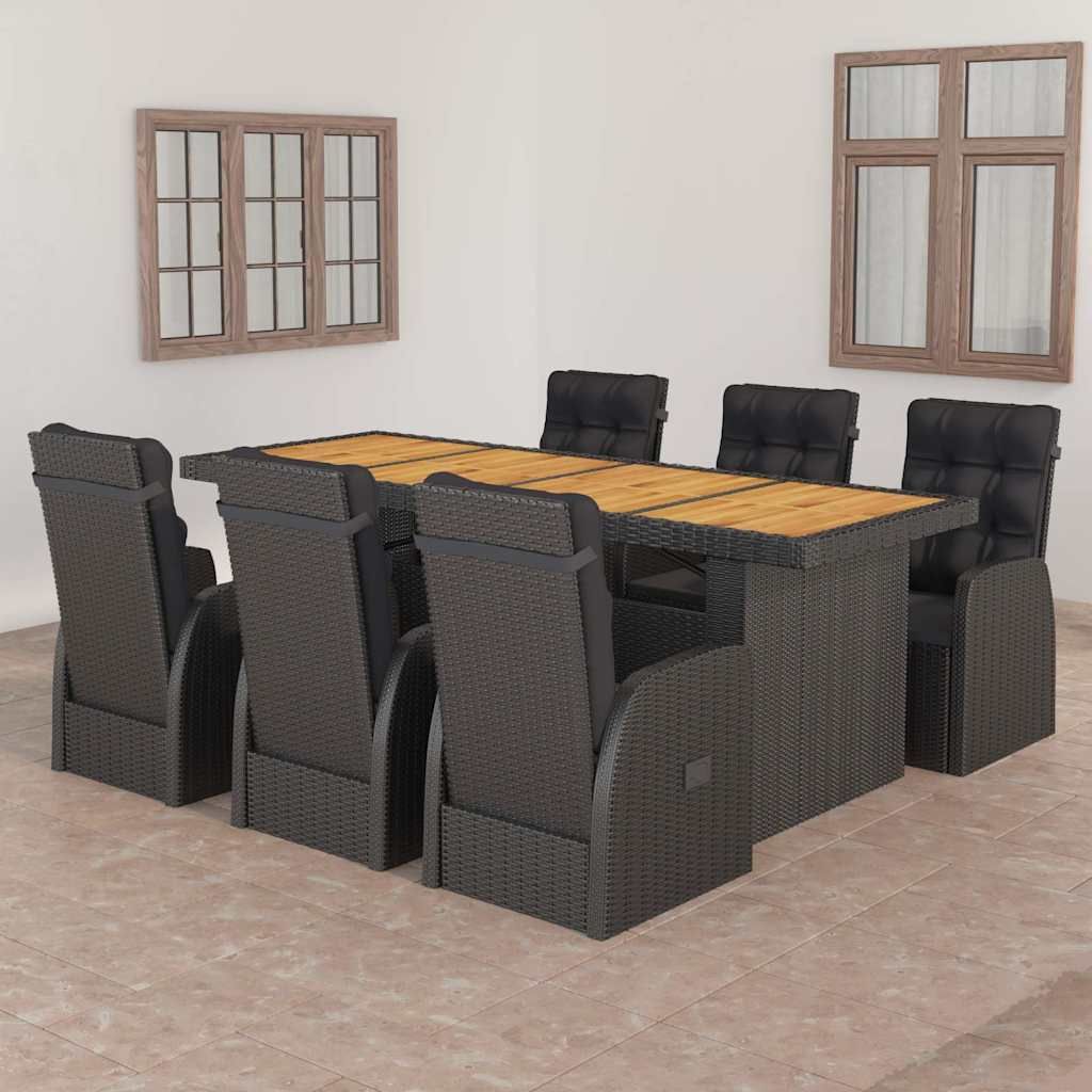Set da Pranzo da Giardino 7 pz con Cuscini in Polyrattan Nero vidaXL