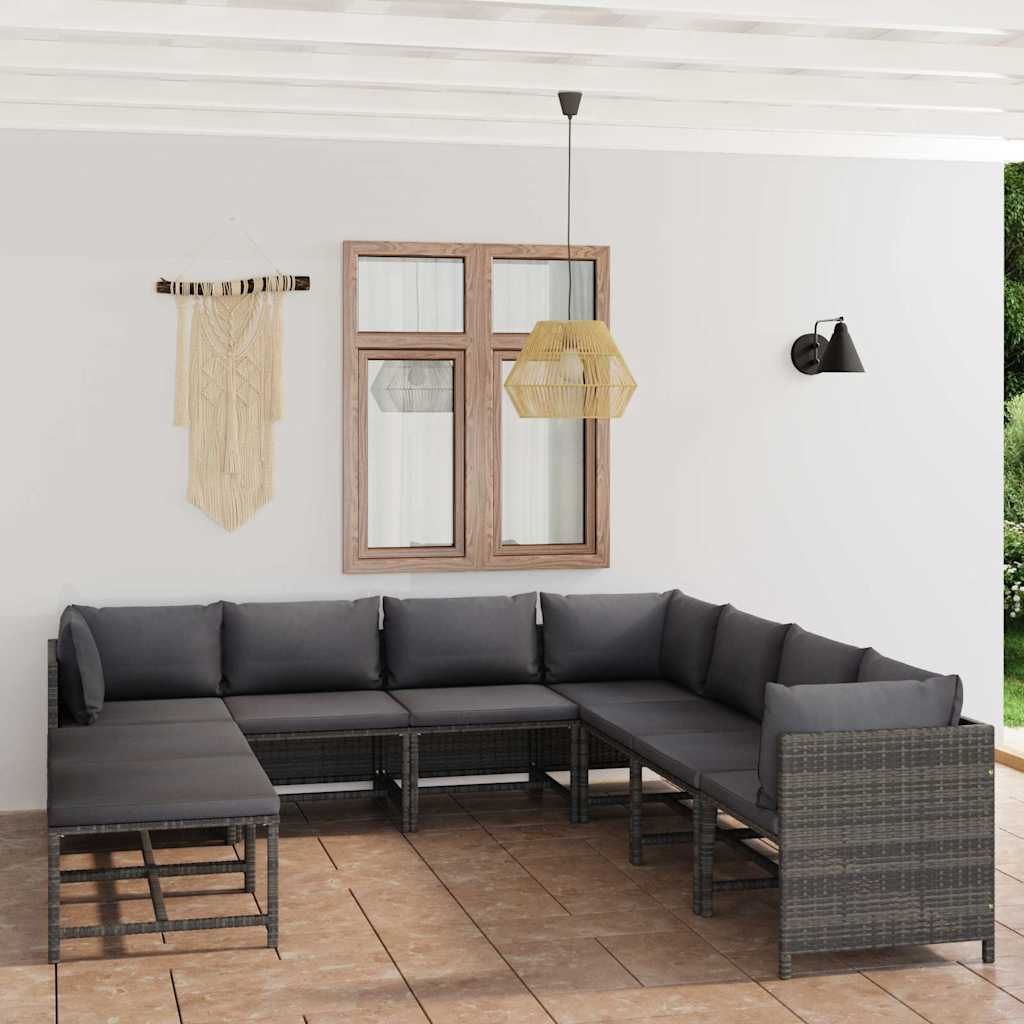Set Divani da Giardino 9 pz con Cuscini in Polyrattan Grigio vidaXL