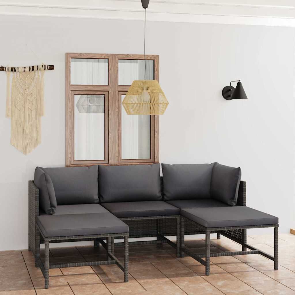 Set Divani da Giardino 5 pz con Cuscini in Polyrattan Grigio vidaXL