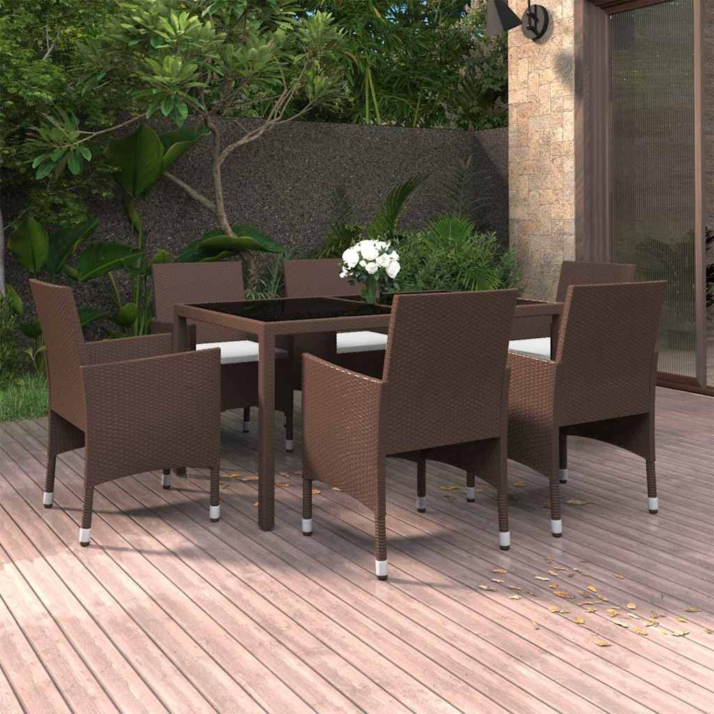 Set Pranzo da Giardino 7pz Polyrattan e Vetro Temperato Marrone vidaXL