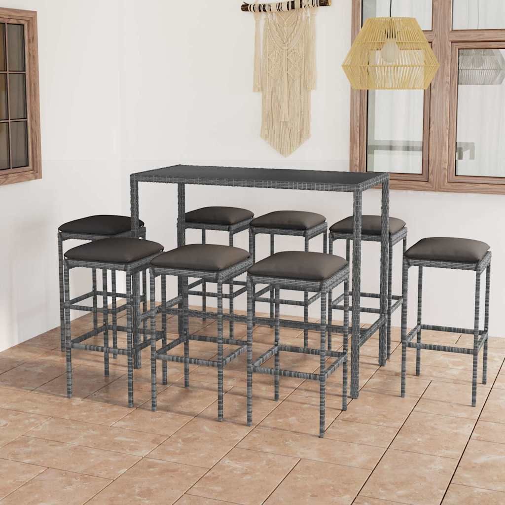 Set da Bar da Giardino 9 pz con Cuscini in Polyrattan Grigio vidaXL