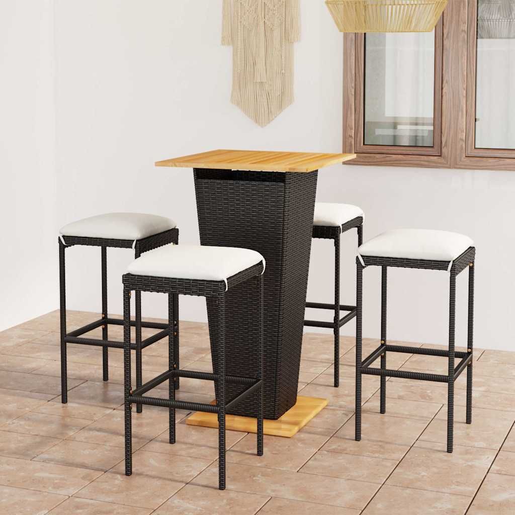 Set da Bar da Giardino 5 pz con Cuscini in Polyrattan Nero vidaXL