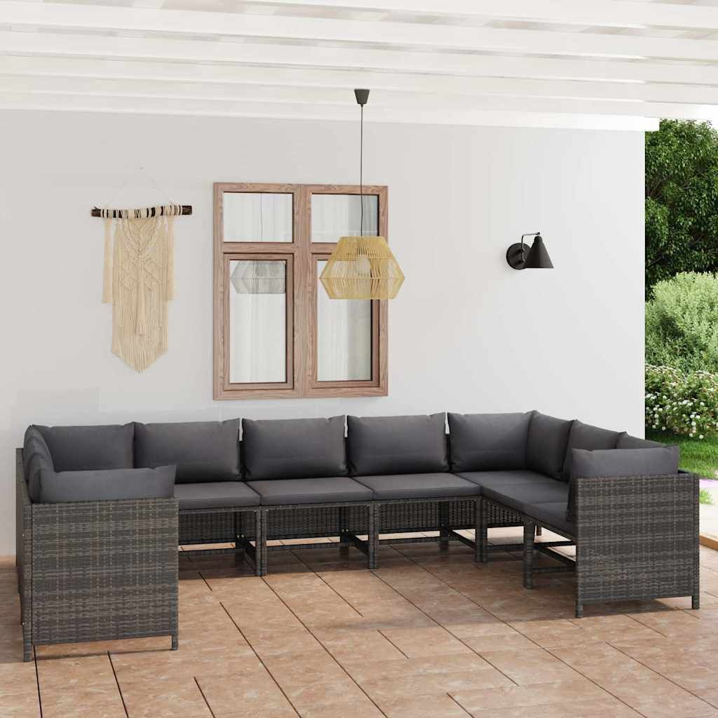 Set Divani da Giardino 9 pz con Cuscini in Polyrattan Grigio vidaXL