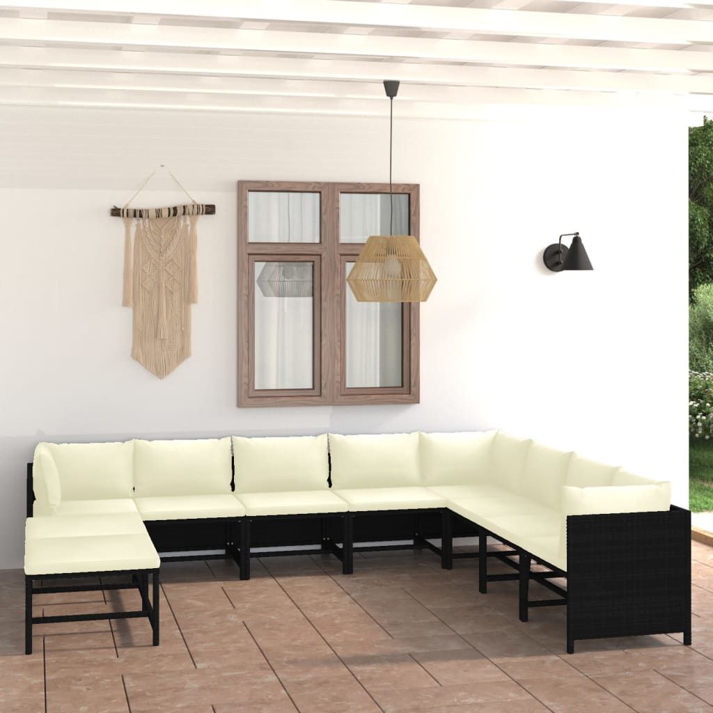 Set Divani da Giardino 11 pz con Cuscini in Polyrattan Nero vidaXL