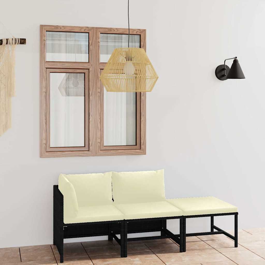 Set Divani da Giardino 3 pz con Cuscini in Polyrattan Nero vidaXL
