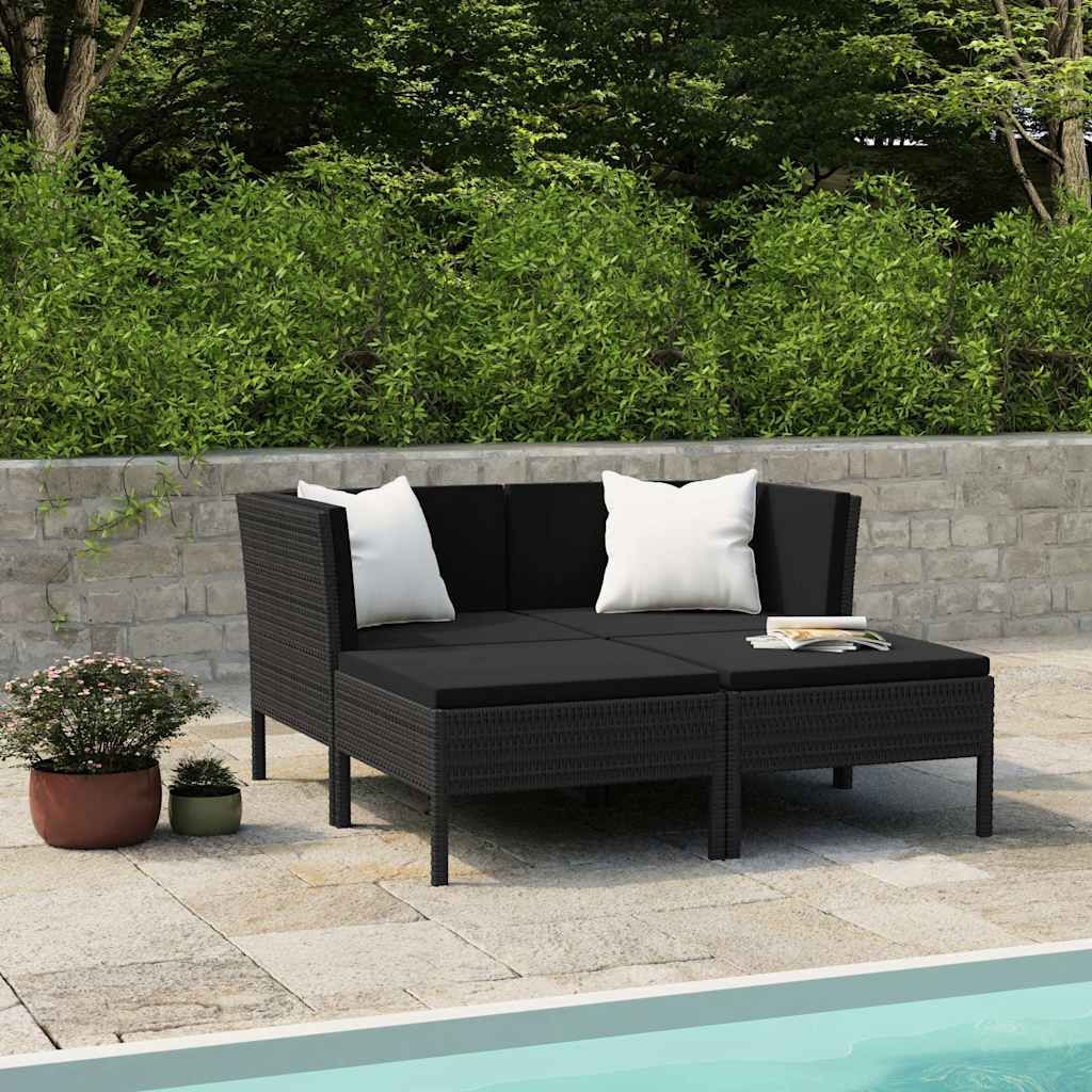 Set Divani da Giardino 4 pz con Cuscini in Polyrattan Nero vidaXL