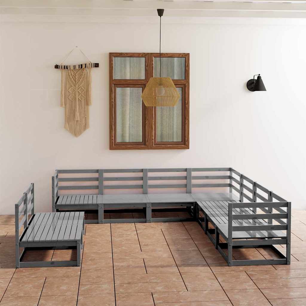 Set Divani da Giardino 9 pz Grigi in Legno Massello di Pino vidaXL