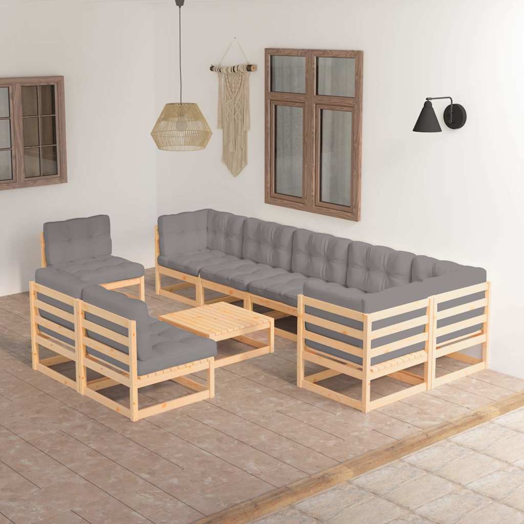 Set Salotto Giardino 10pz Cuscini Antracite Legno Massello Pino vidaXL