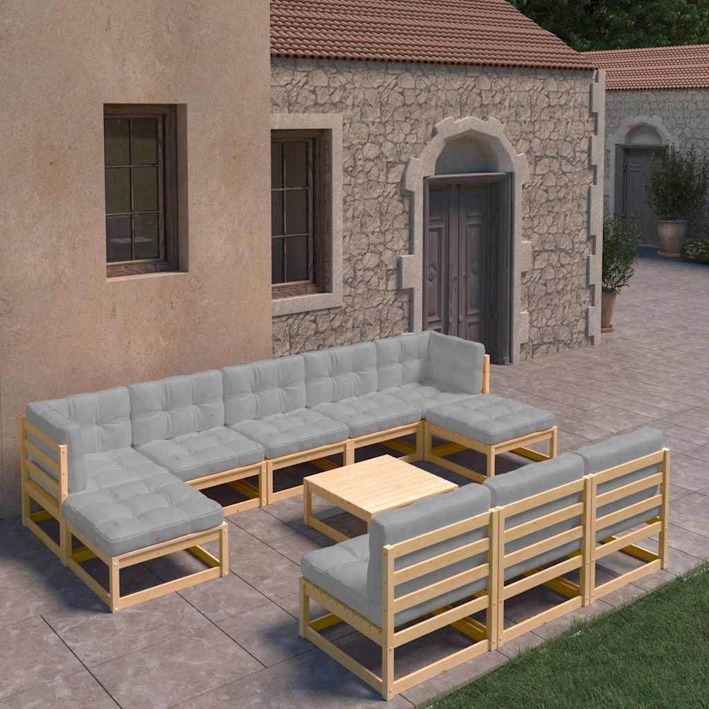 Set Divani Giardino 11 pz con Cuscini in Legno Massello di Pino vidaXL