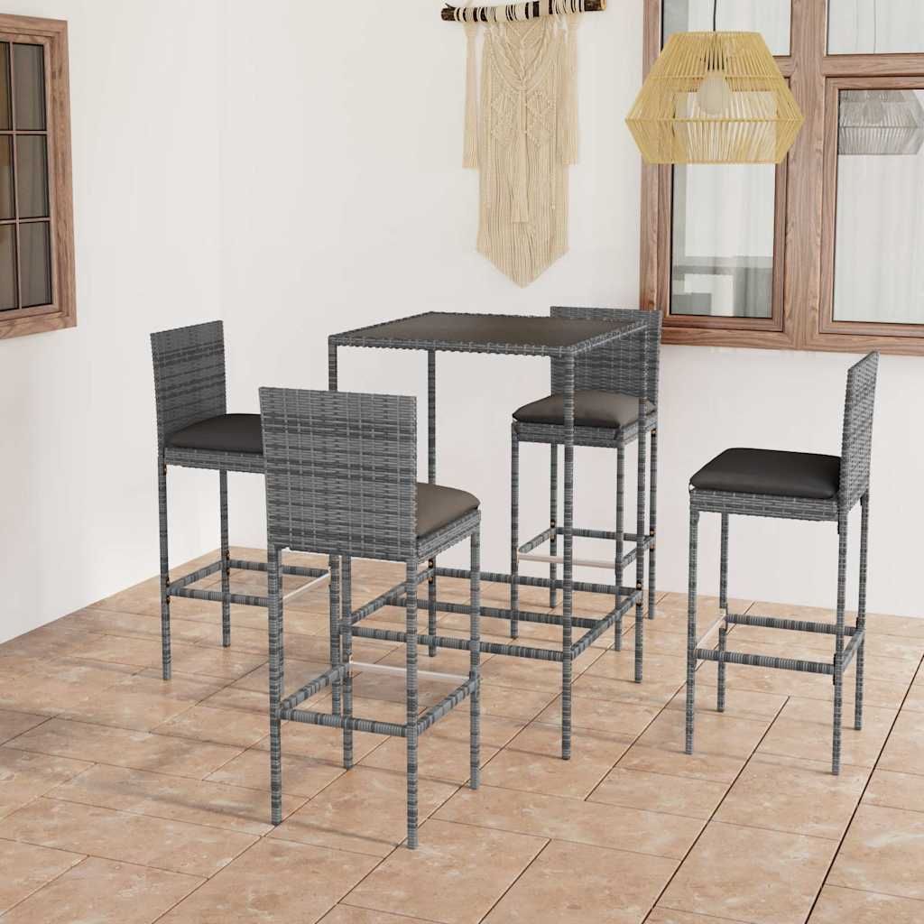 Set da Bar da Giardino 5 pz con Cuscini in Polyrattan Grigio vidaXL