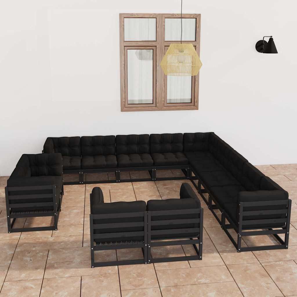 Set Divani da Giardino 13 pz con Cuscini Massello di Pino Nero vidaXL