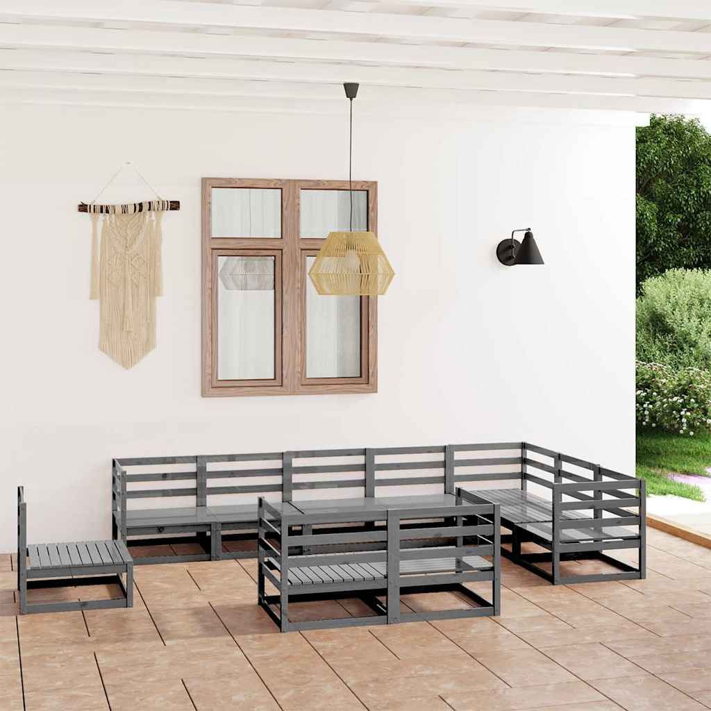Set Divani da Giardino 10 pz Grigi in Legno Massello di Pino vidaXL