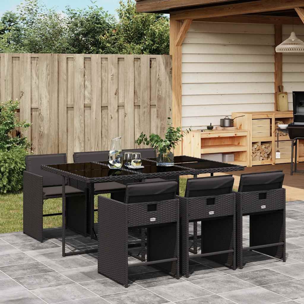Set da Pranzo da Giardino 7 pz Nero con Cuscini in Polyrattan vidaXL