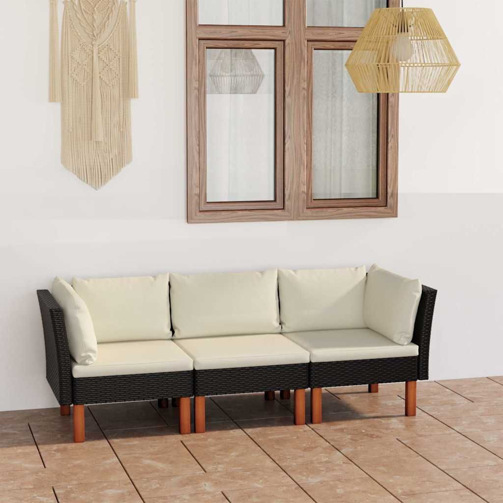 Divano da Giardino a 3 Posti con Cuscini Nero in Polyrattan vidaXL