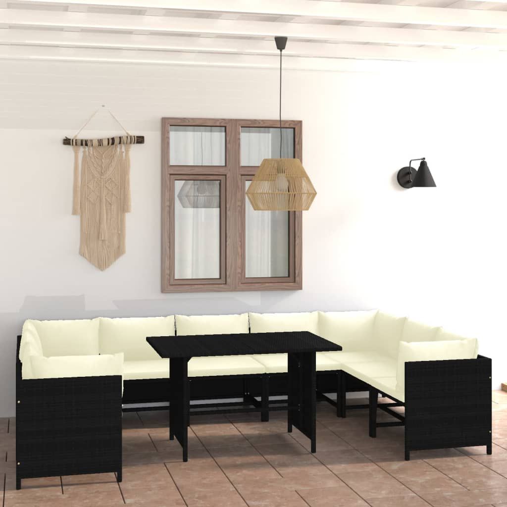 Set Divani da Giardino 10 pz con Cuscini in Polyrattan Nero vidaXL