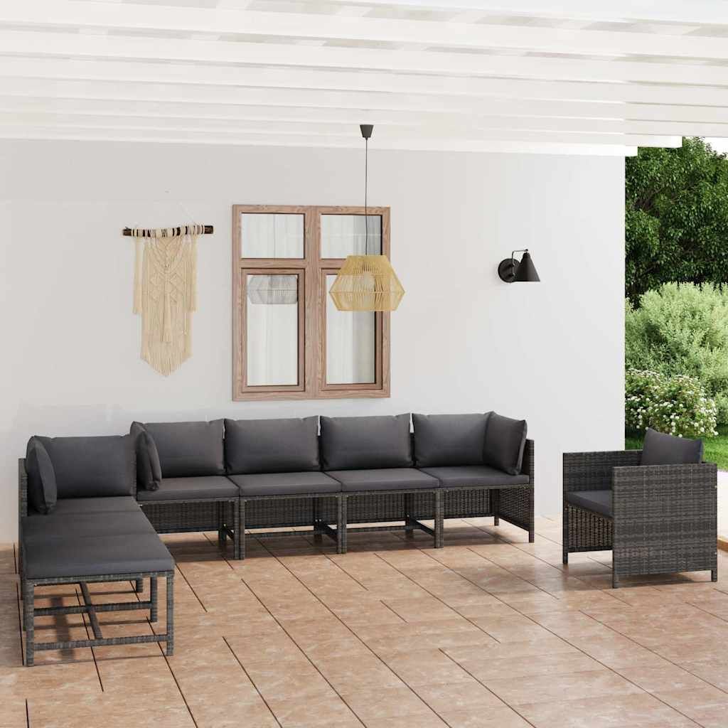 Set Divani da Giardino 8 pz con Cuscini in Polyrattan Grigio vidaXL