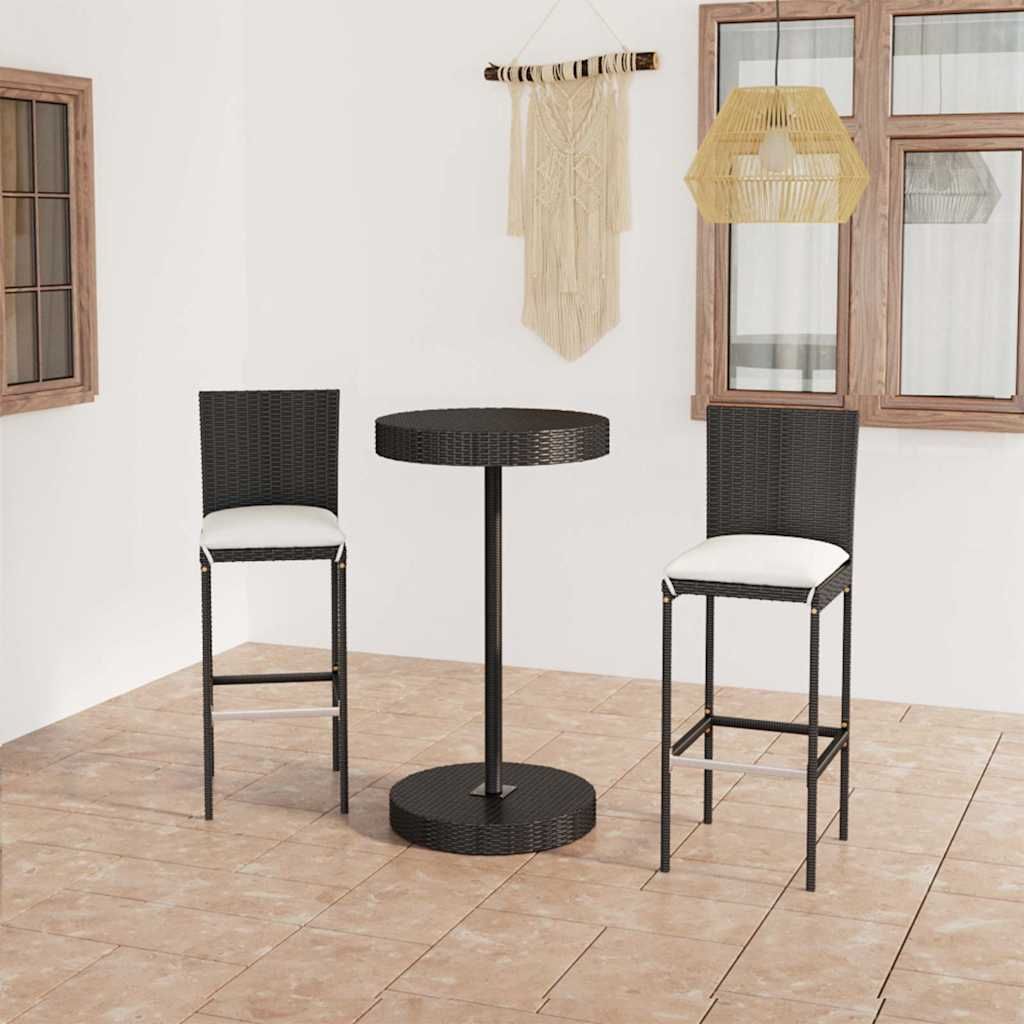 Set Bar da Giardino 3 pz con Cuscini Polyrattan Nero vidaXL