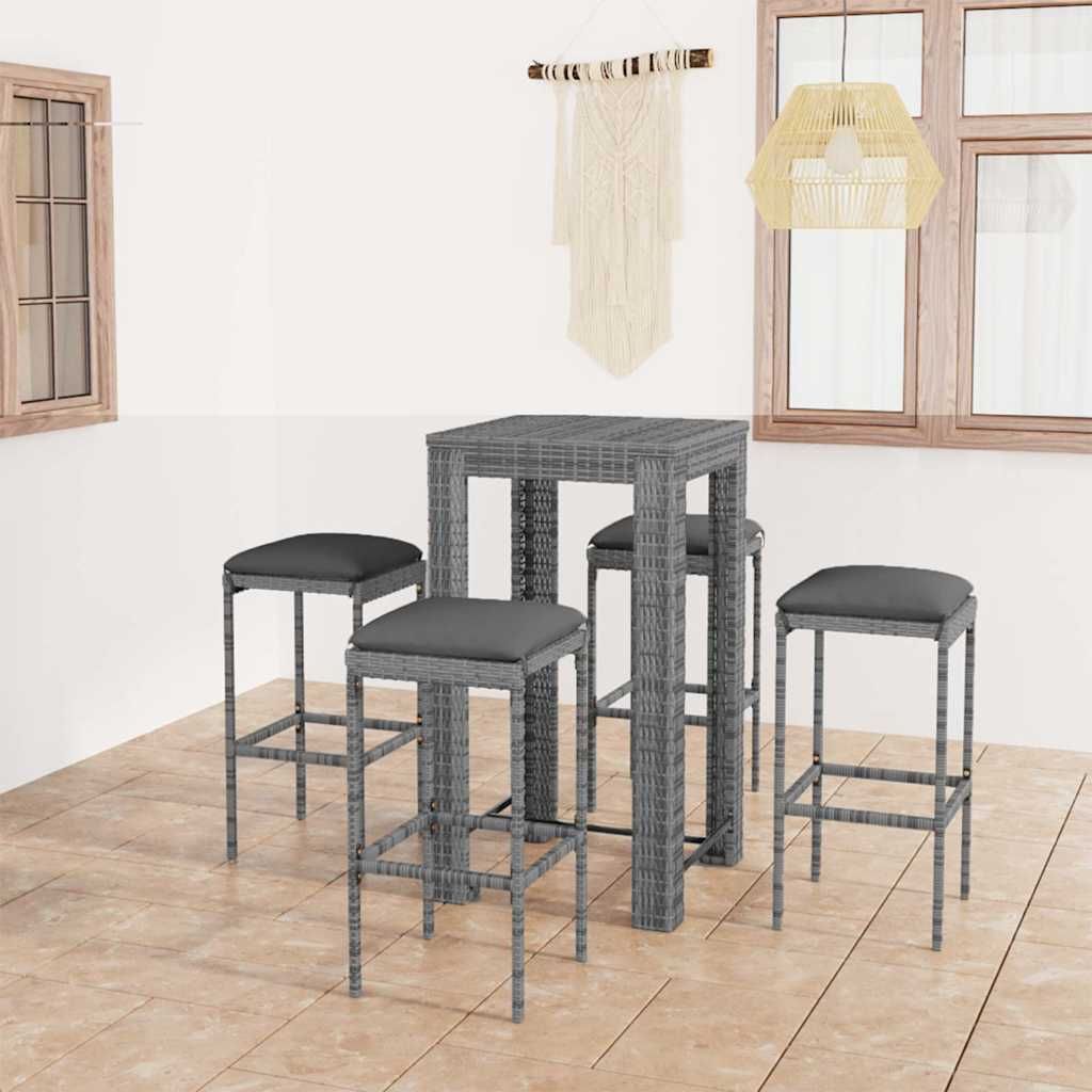 Set da Bar da Giardino 5 pz con Cuscini in Polyrattan Grigio vidaXL
