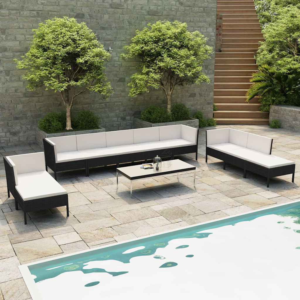 Set Divani da Giardino 10 pz con Cuscini in Polyrattan Nero vidaXL